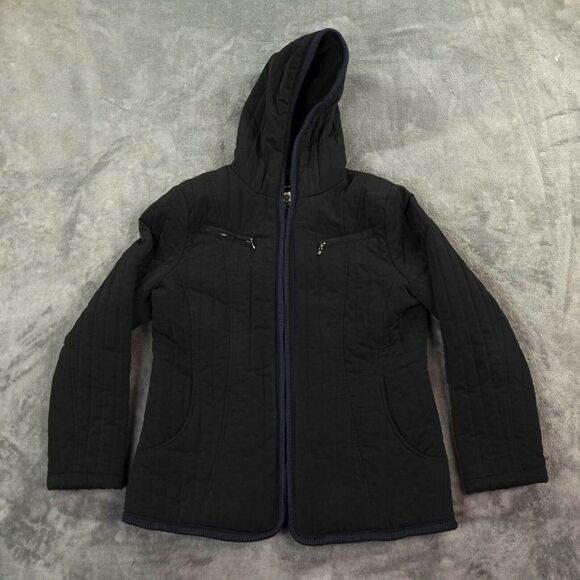 Vintage ESPRIT Jacket Women's Large Black 80s Hood Quilted Anorak Coat Blue Trim - Picture 1 of 15